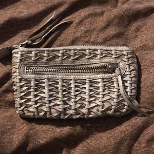 Gray leather clutch